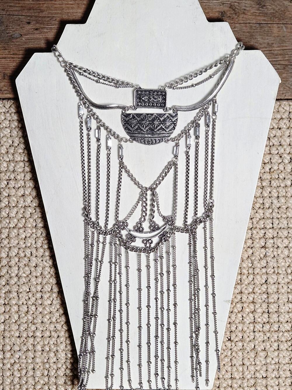 Statement Silver Metal Intricate Layered Fringe Tribal Layered Necklace